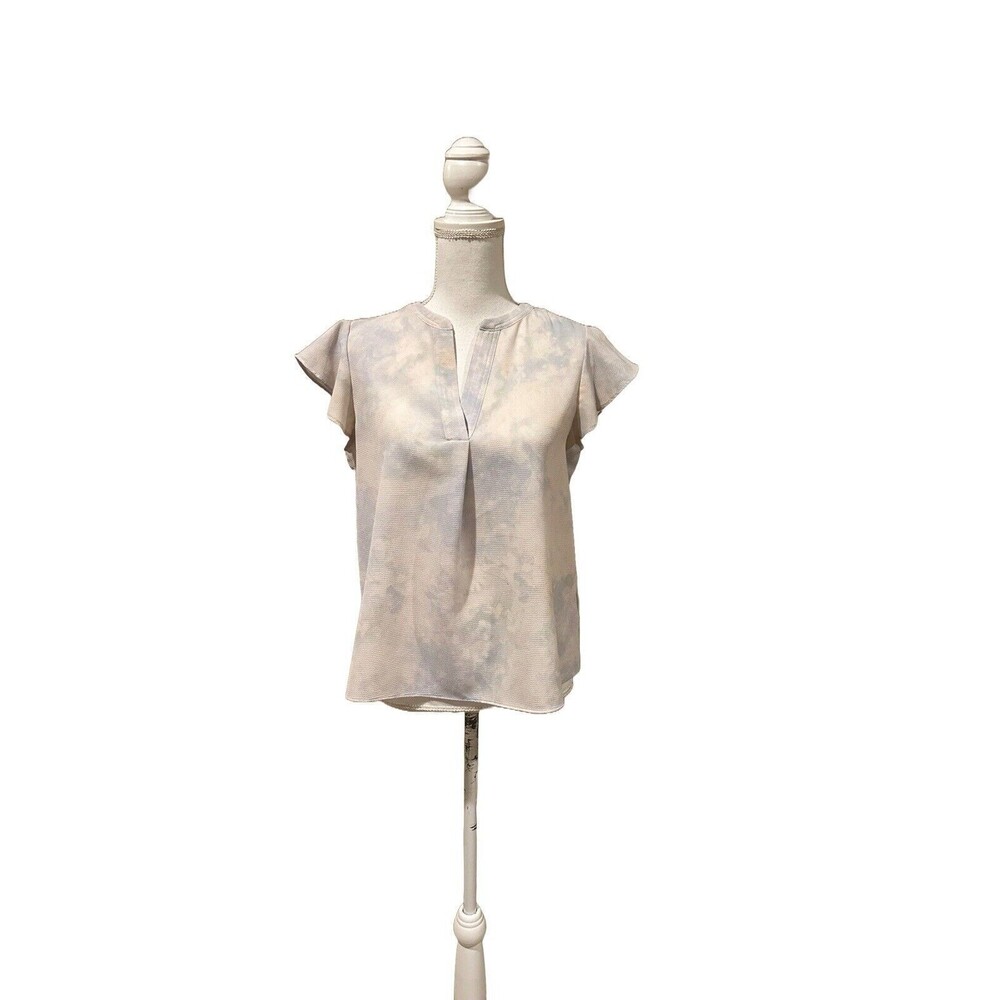 Calvin Klein Women's M Blouse White Blue V-Neck Top Shirt Ruffle Short Sleeve